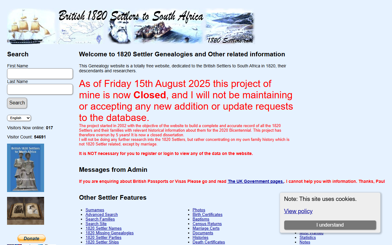 1820settlers.com screenshot