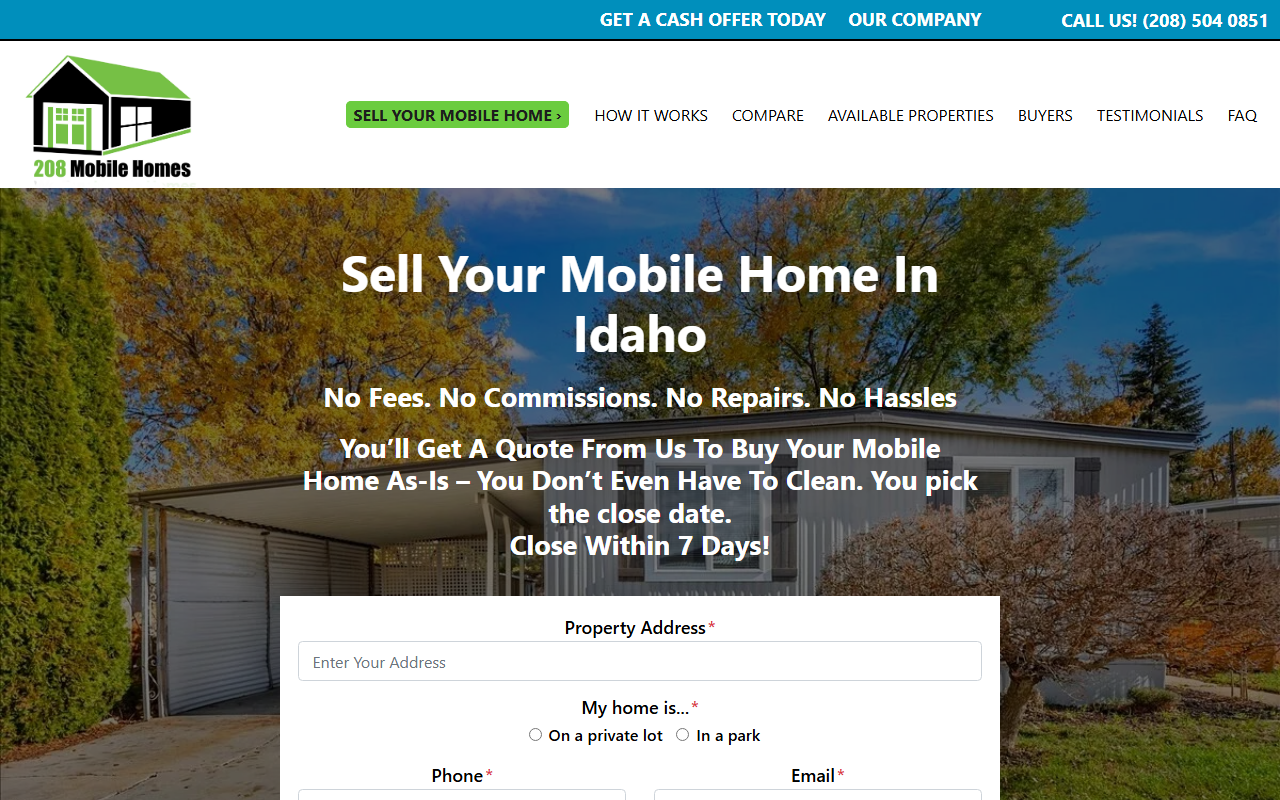 208mobilehomes.com screenshot